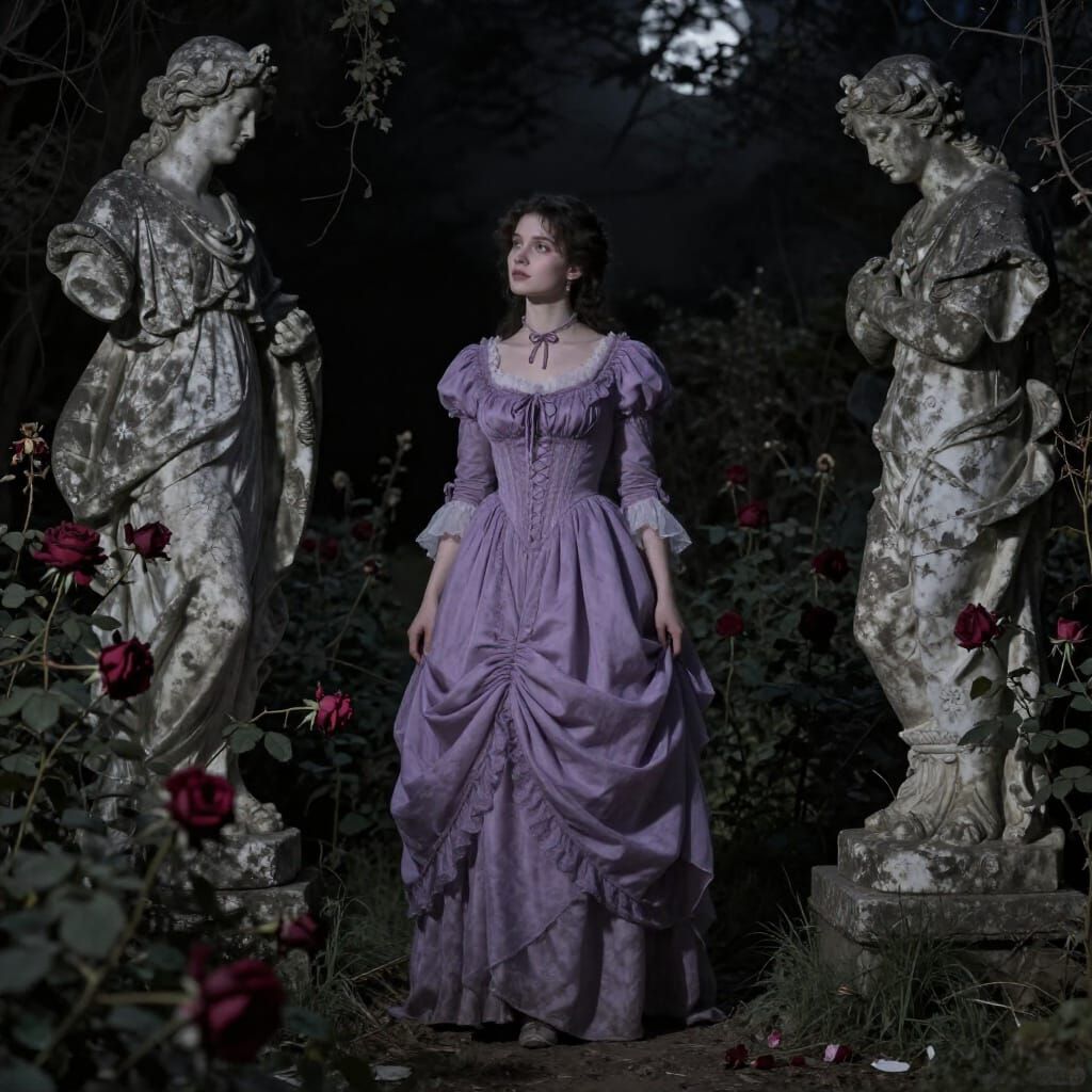 Victorian Woman in Moonlit Garden of Melancholy