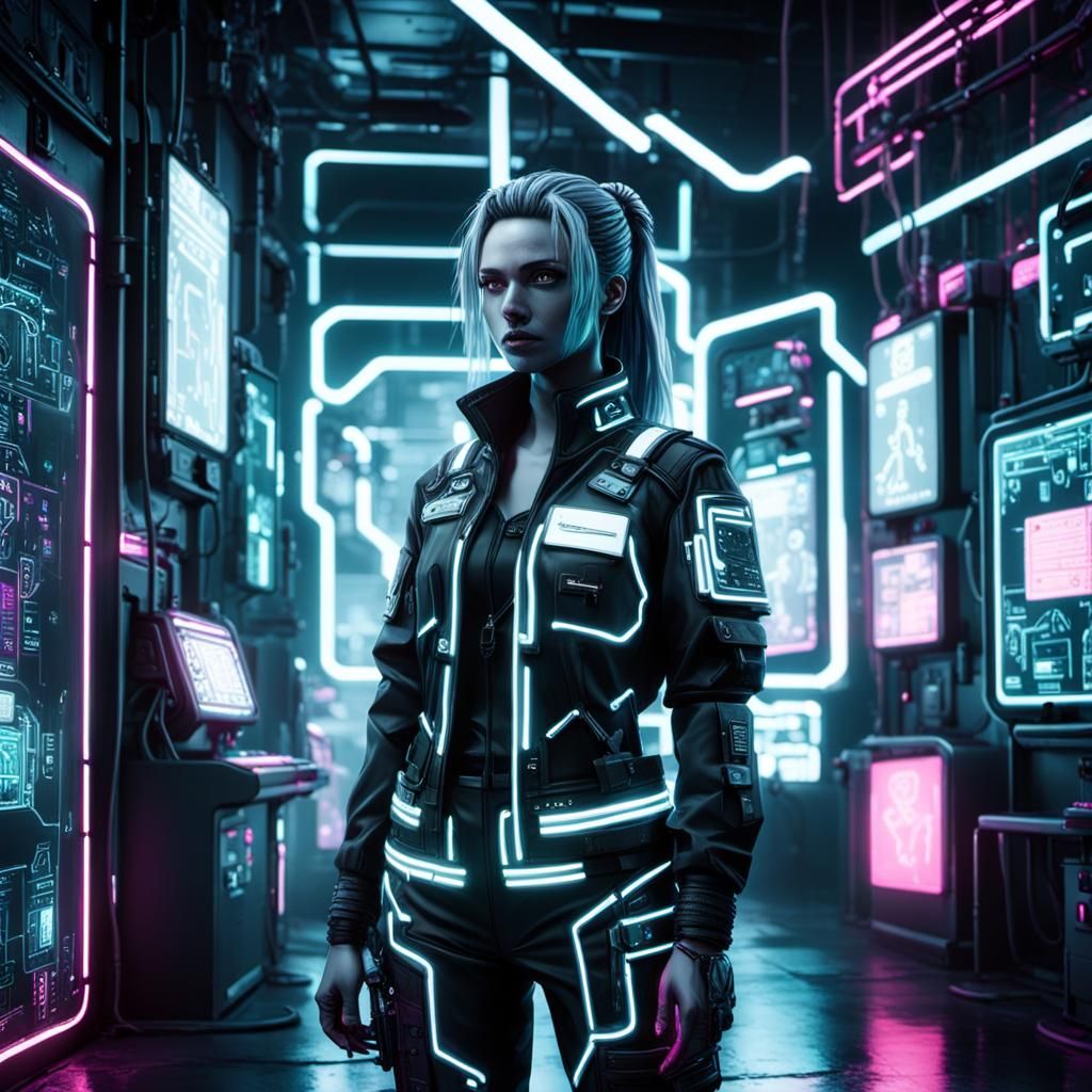 Cybernetic Nurse in Gritty Cyberpunk Neon Noir