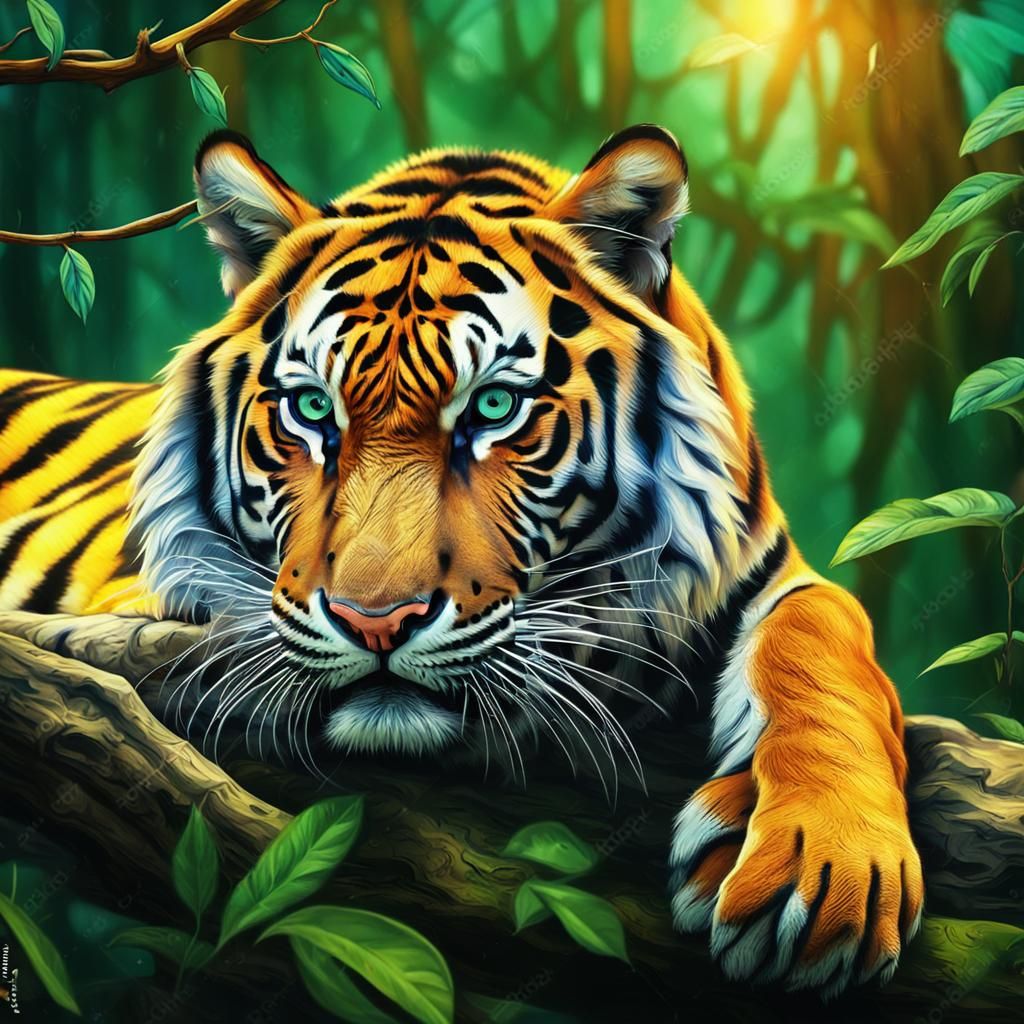 Tiger Portrait in Jungle, Vivid Colors