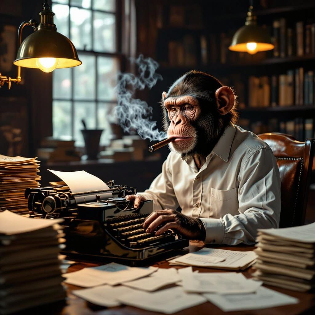 Monkey Typist in Dim Study: Cinematic Portrait