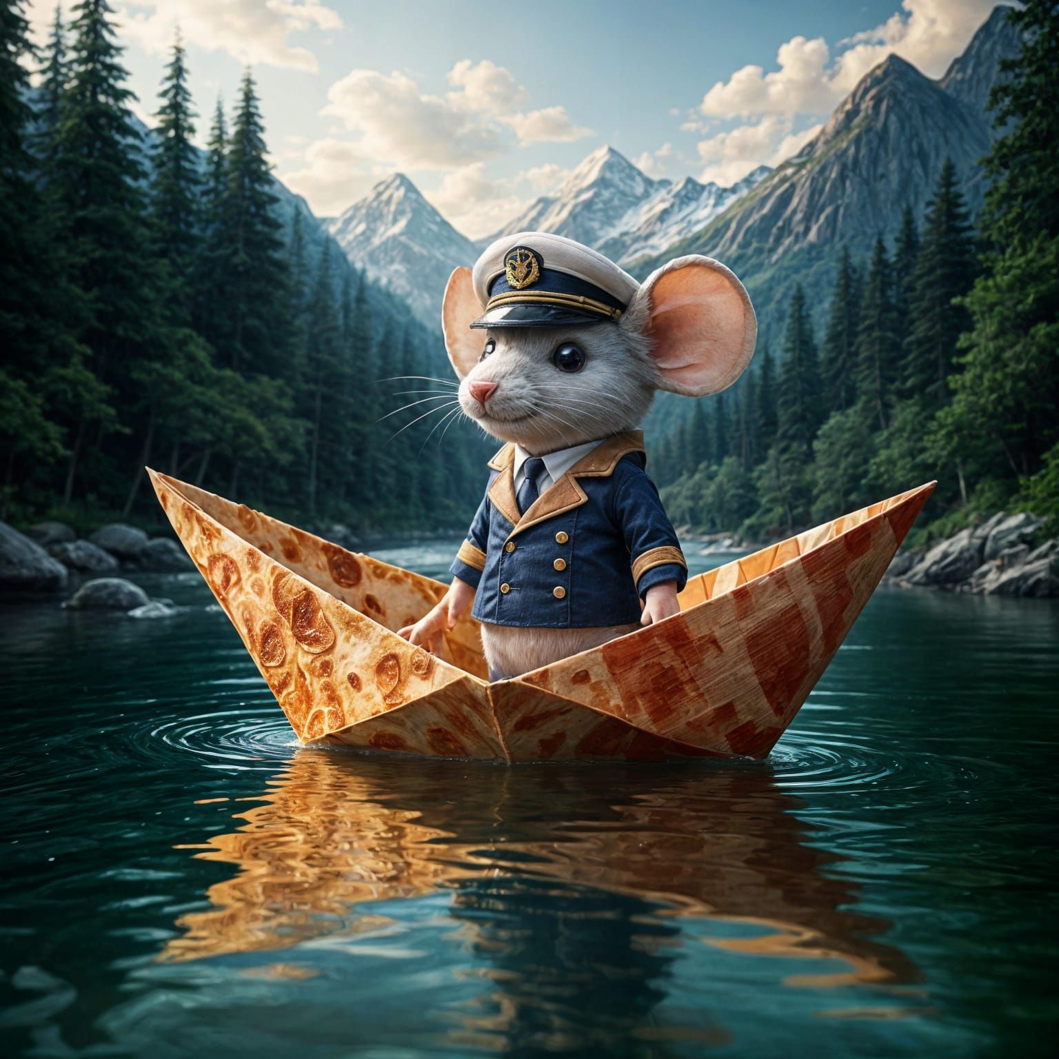 Pizza Origami Boat with Mouse Captain: Digital Art
