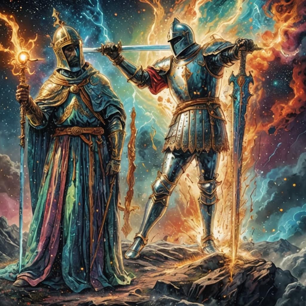 Surreal Cosmic Battle with Divine Intervention