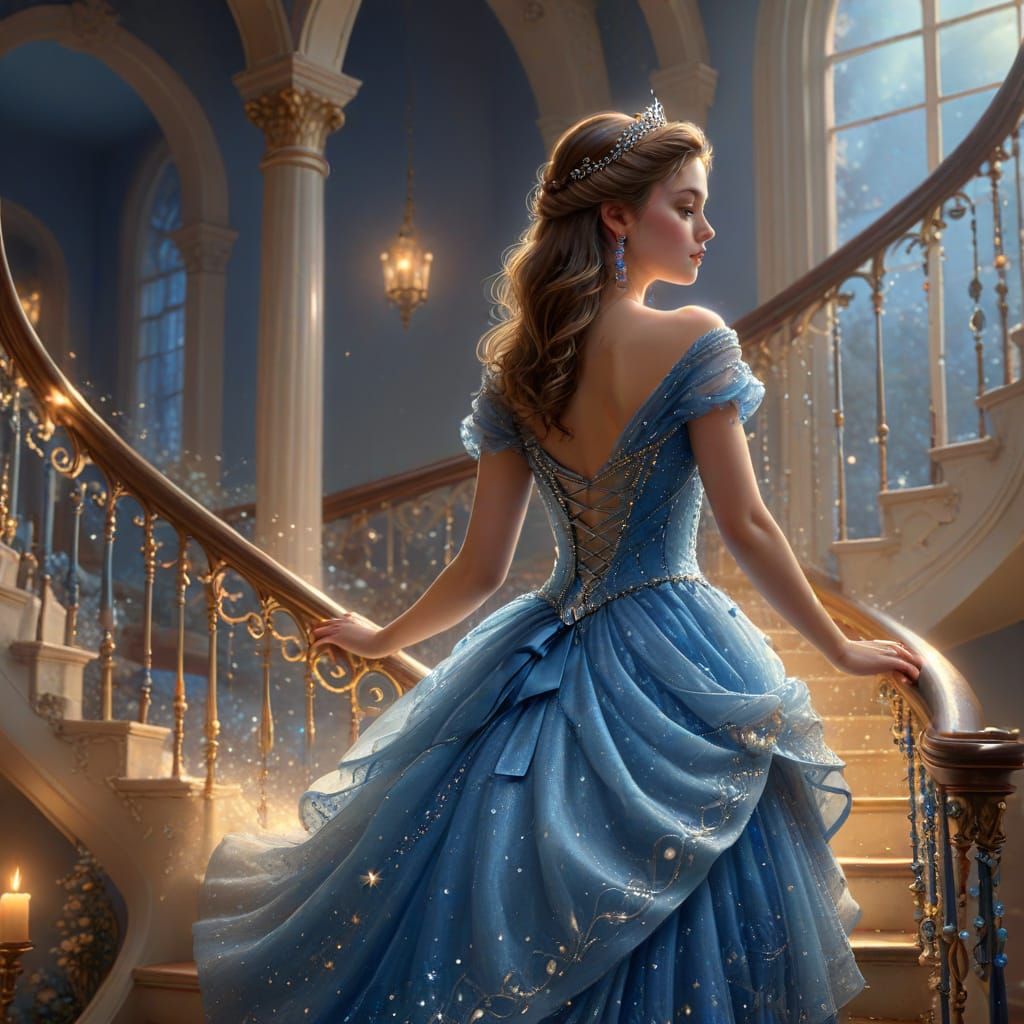 Ethereal Princess Descends a Majestic Spiral Staircase in Wh...