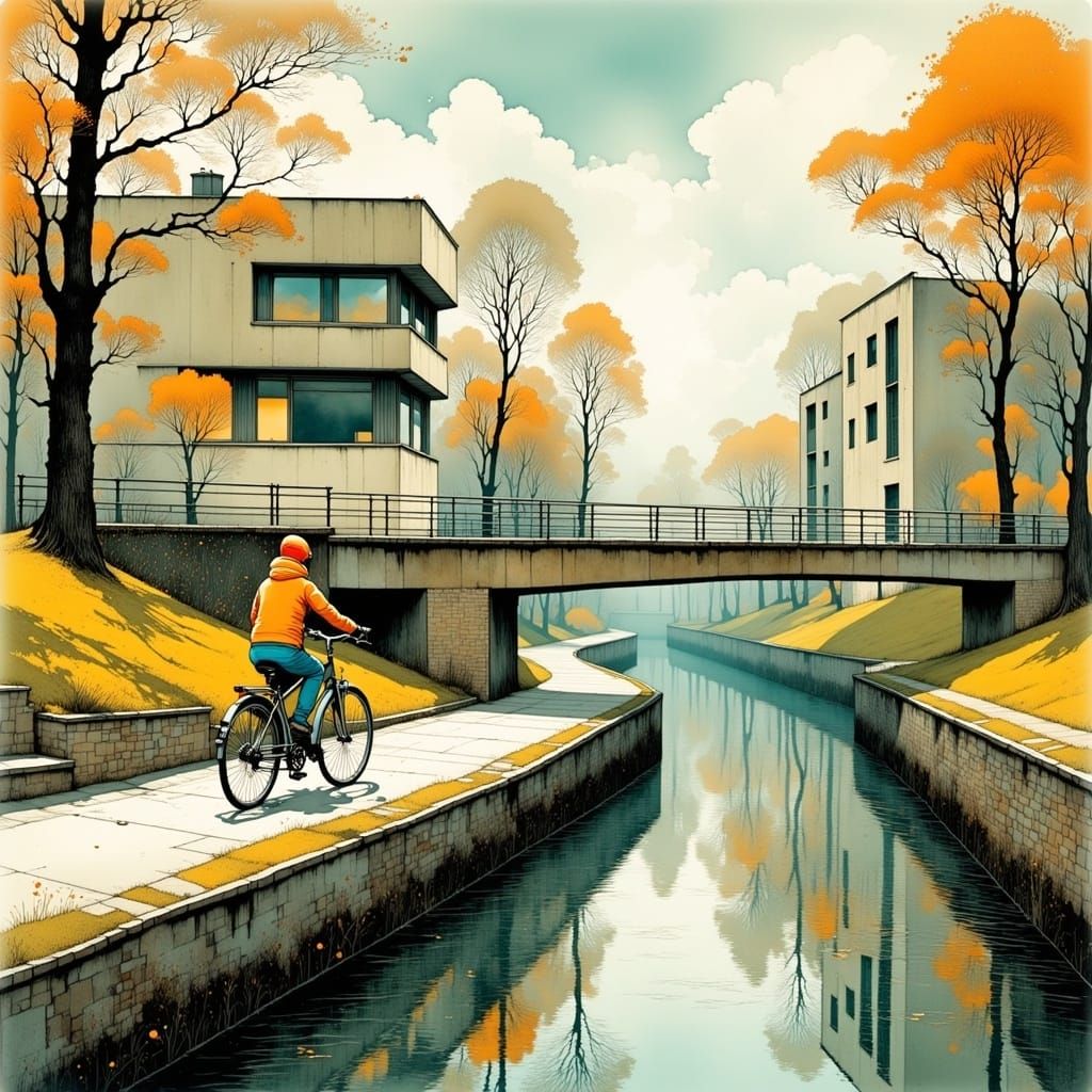 Robot Rides Bicycle Along River Path