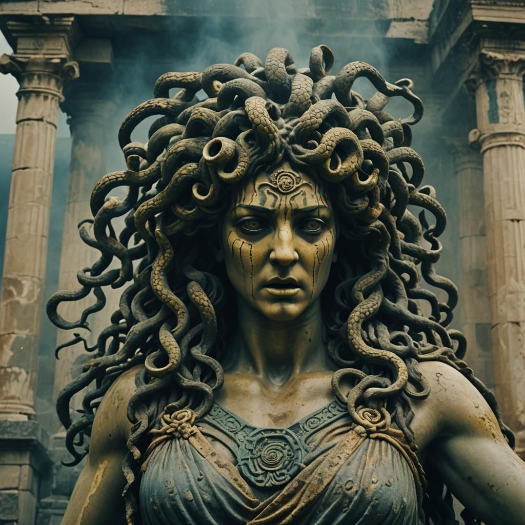 Medusa in Ancient Greek Temple: Cinematic Film Still