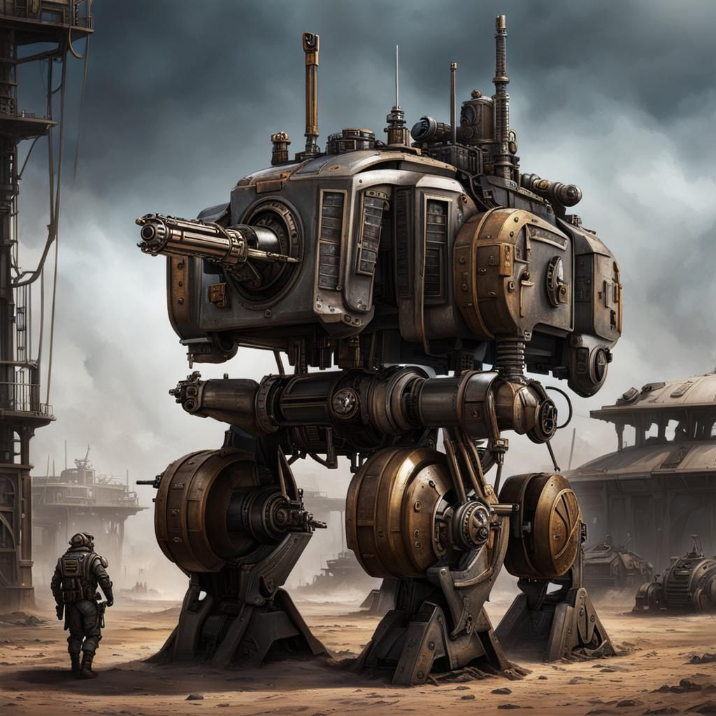 Dystopian Dieselpunk Drill Mech in Industrial Setting