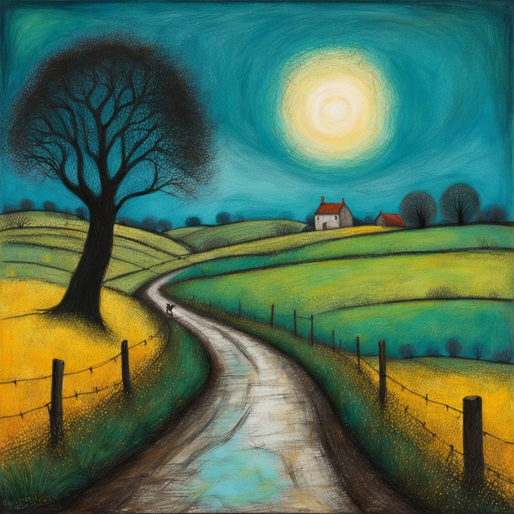 Whimsical Countryside Scene in Oil Pastel Style