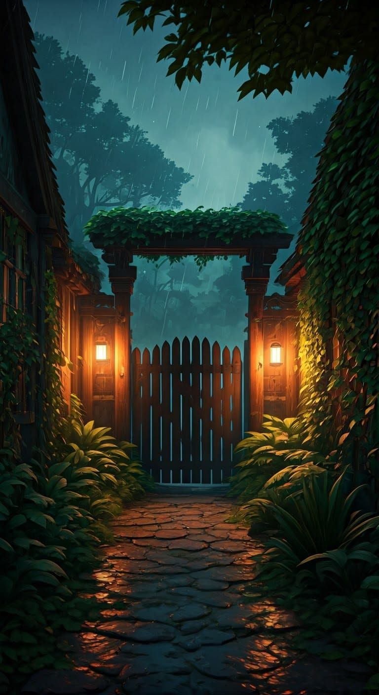 Mysterious Backyard with Gate in Matte Painting Style