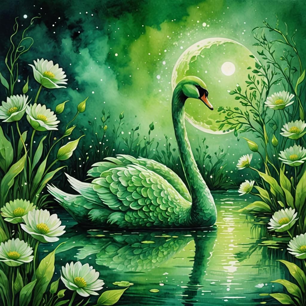 Majestic Green Swan in Ethereal Watercolor Art