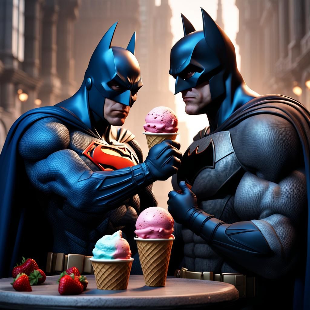 Batman and Superman Share Ice Cream: Detailed Matte Painting