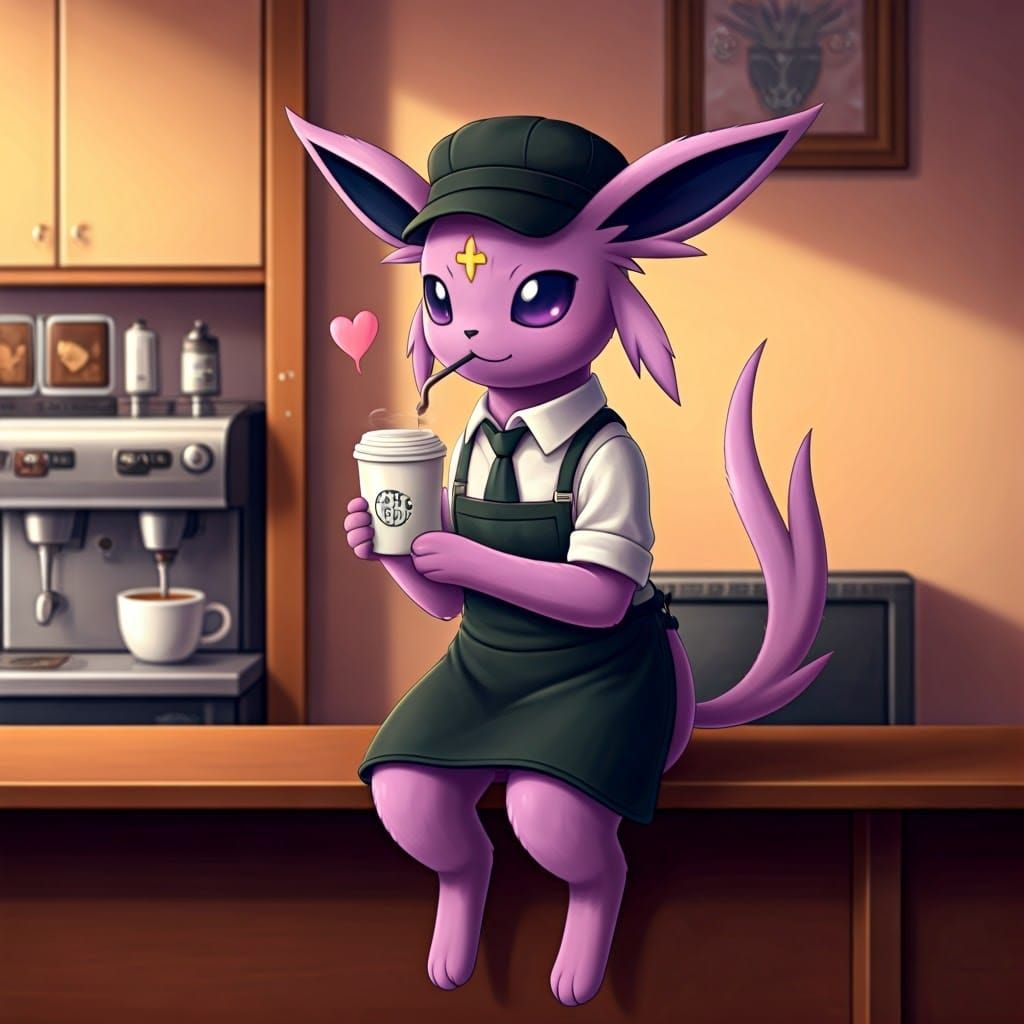 Espeon in Barista Outfit at Cafe Counter