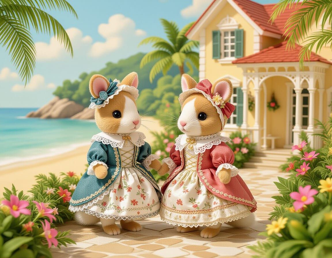 Calico Critters in 18th-Century Attire on Sunny Beach