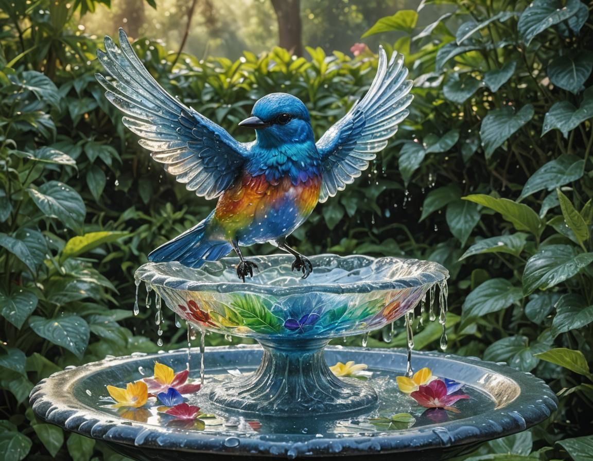 Enameled Glass Bluebird in Crystalline Bird Bath