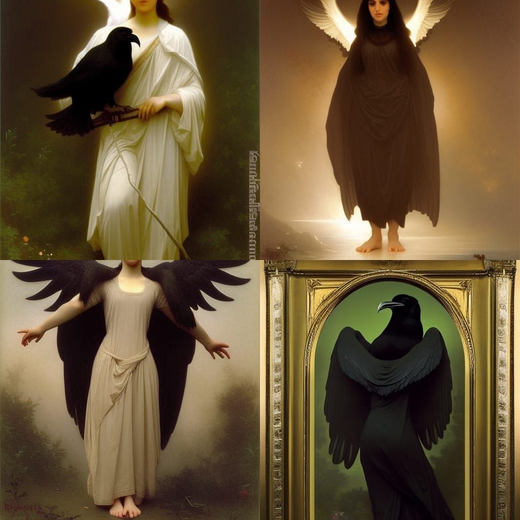 Ethereal Raven-Winged Woman in Dark Cloak