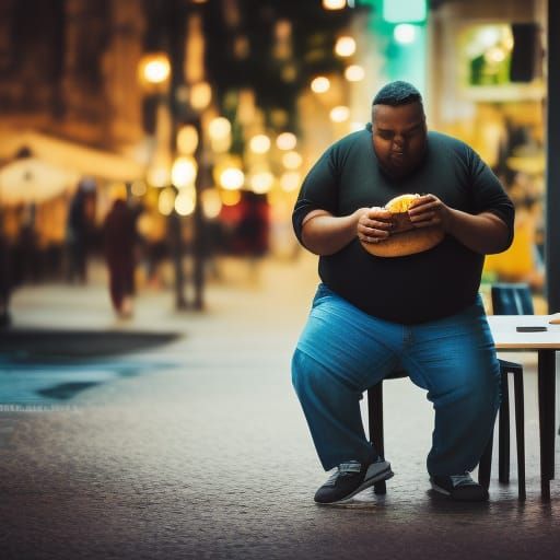Fat Man Eating Burger, Professional Photography