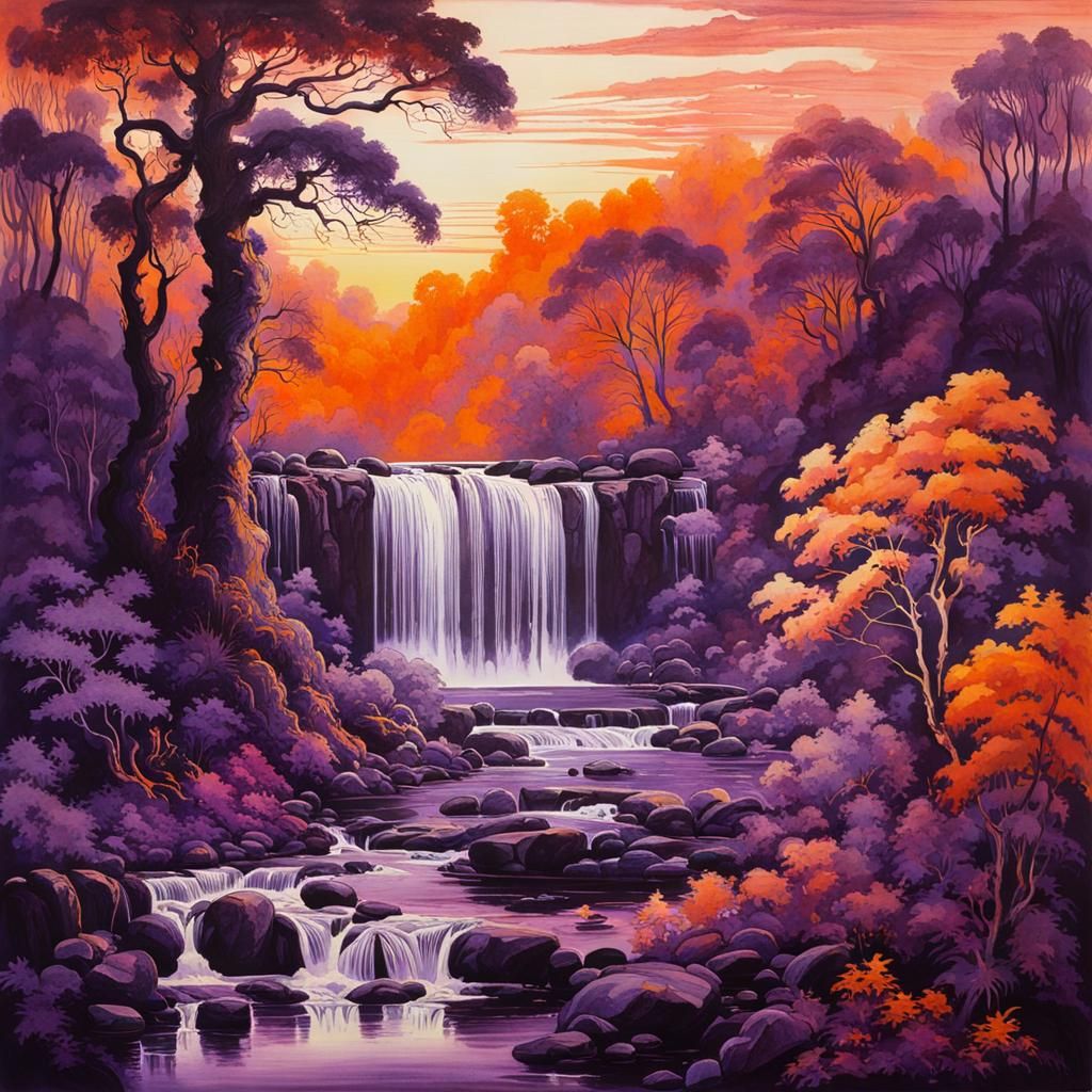 Purple and Orange Waterfall: An Ink Wash Masterpiece