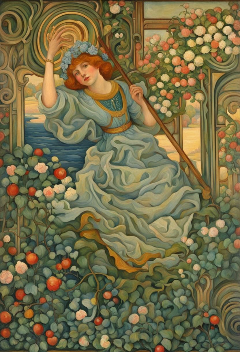 Art Nouveau Oil Painting in Arts & Crafts Style