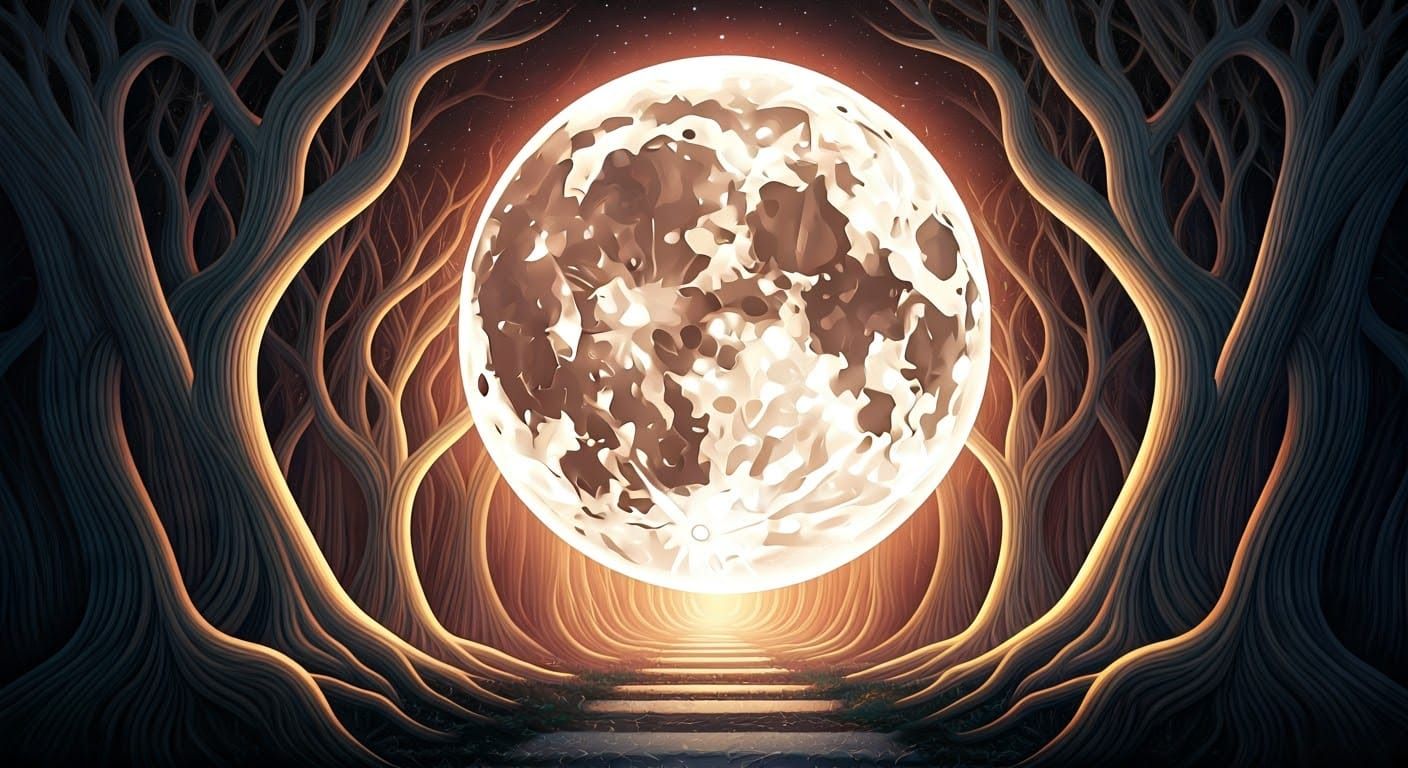Glowing Moon Behind Arabesque Forest in Cubist Style