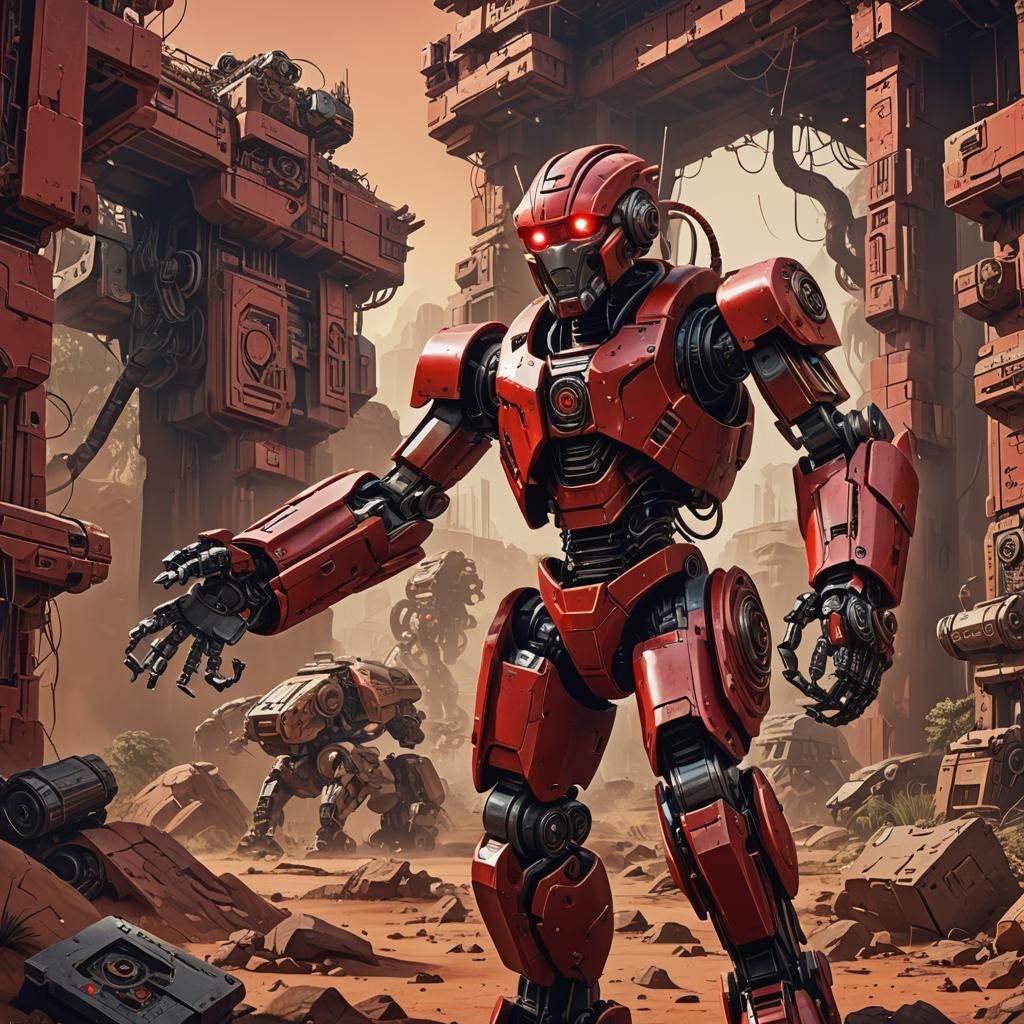 Robot Pin-Up Art in Red, Detailed Matte Painting