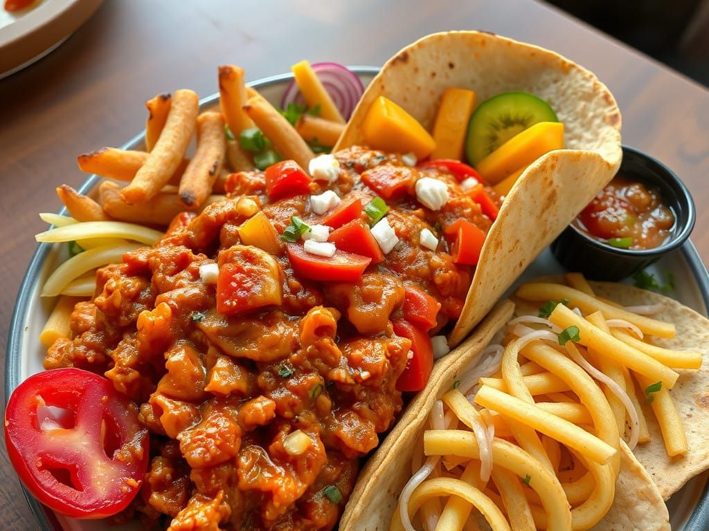 Hyperrealistic Masterpiece of Kimchi and Burrito Platter