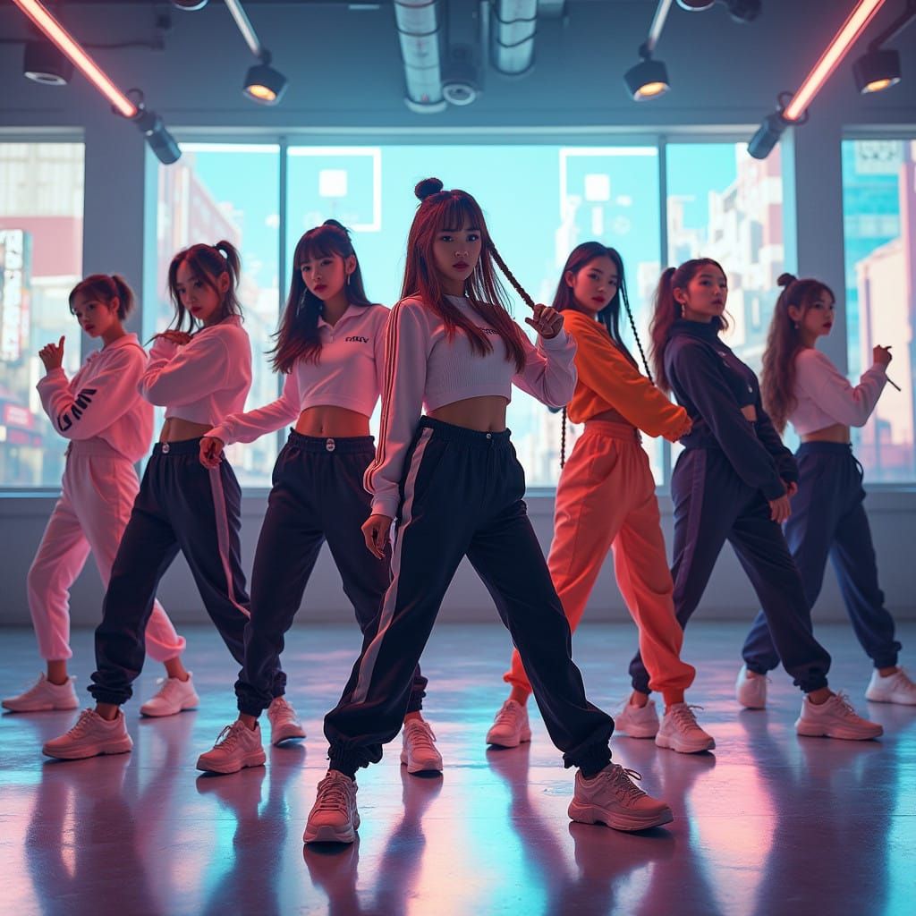 Vibrant K-Pop Dancers in Modern Urban Style