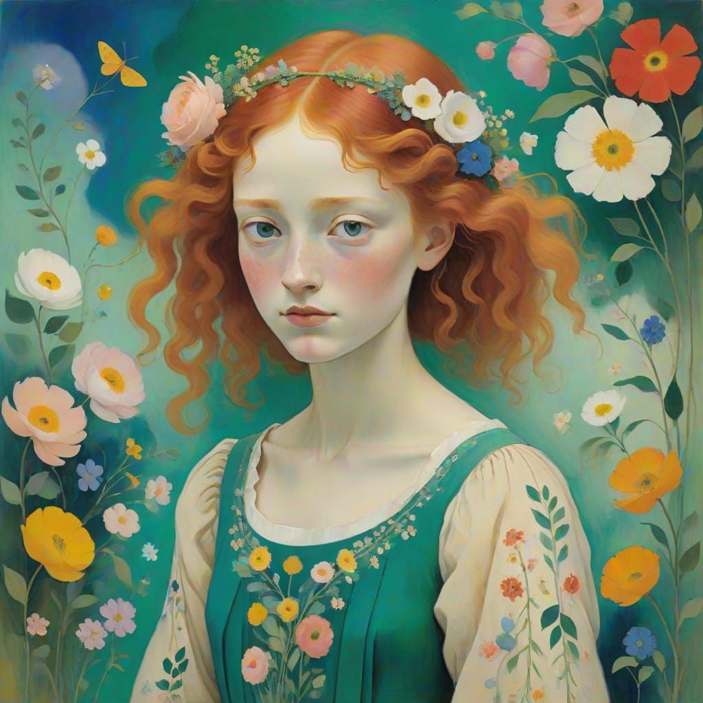 Ginger Girl in Whimsical Floral Dreamscapes