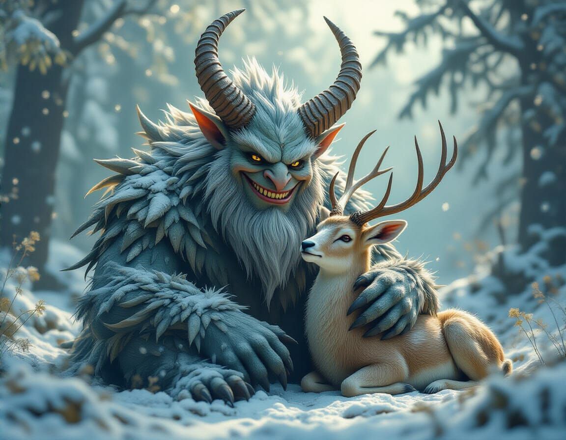 Gentle Monster Petting Doe in Forest, Magical Realism