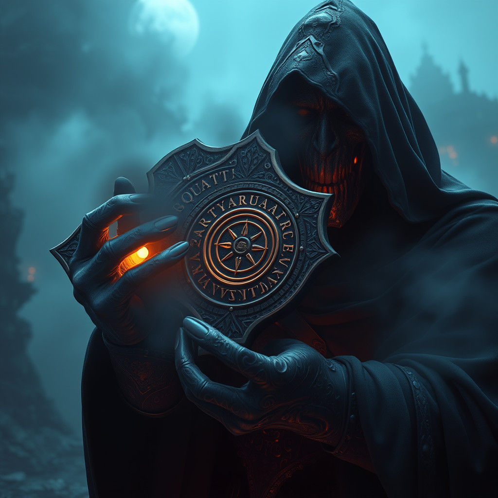 Ornate Artifact Exerts Control in Dark Fantasy Scene