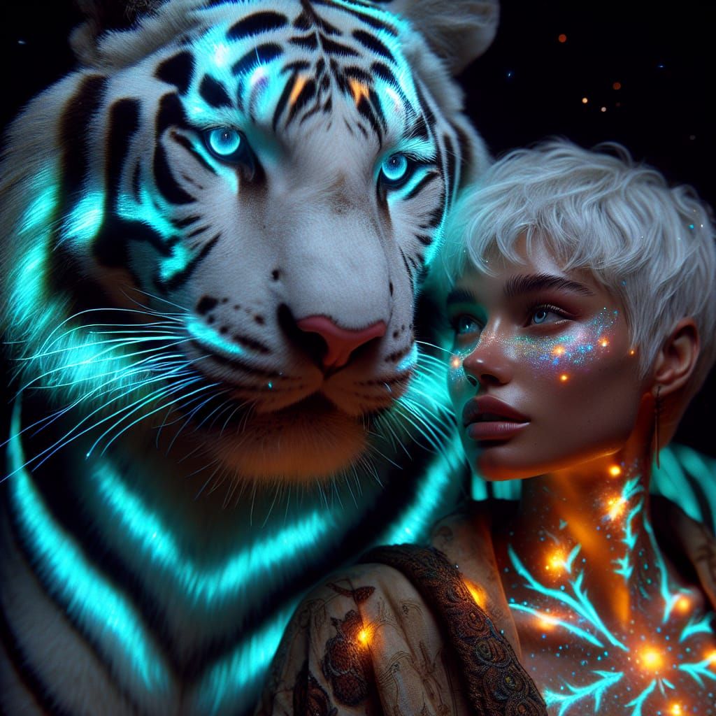 Majestic White Tiger with Bioluminescent Stripes and Druid