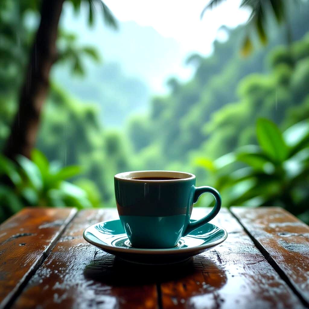 Coffee in Jungle Rain: A Realistic Photo