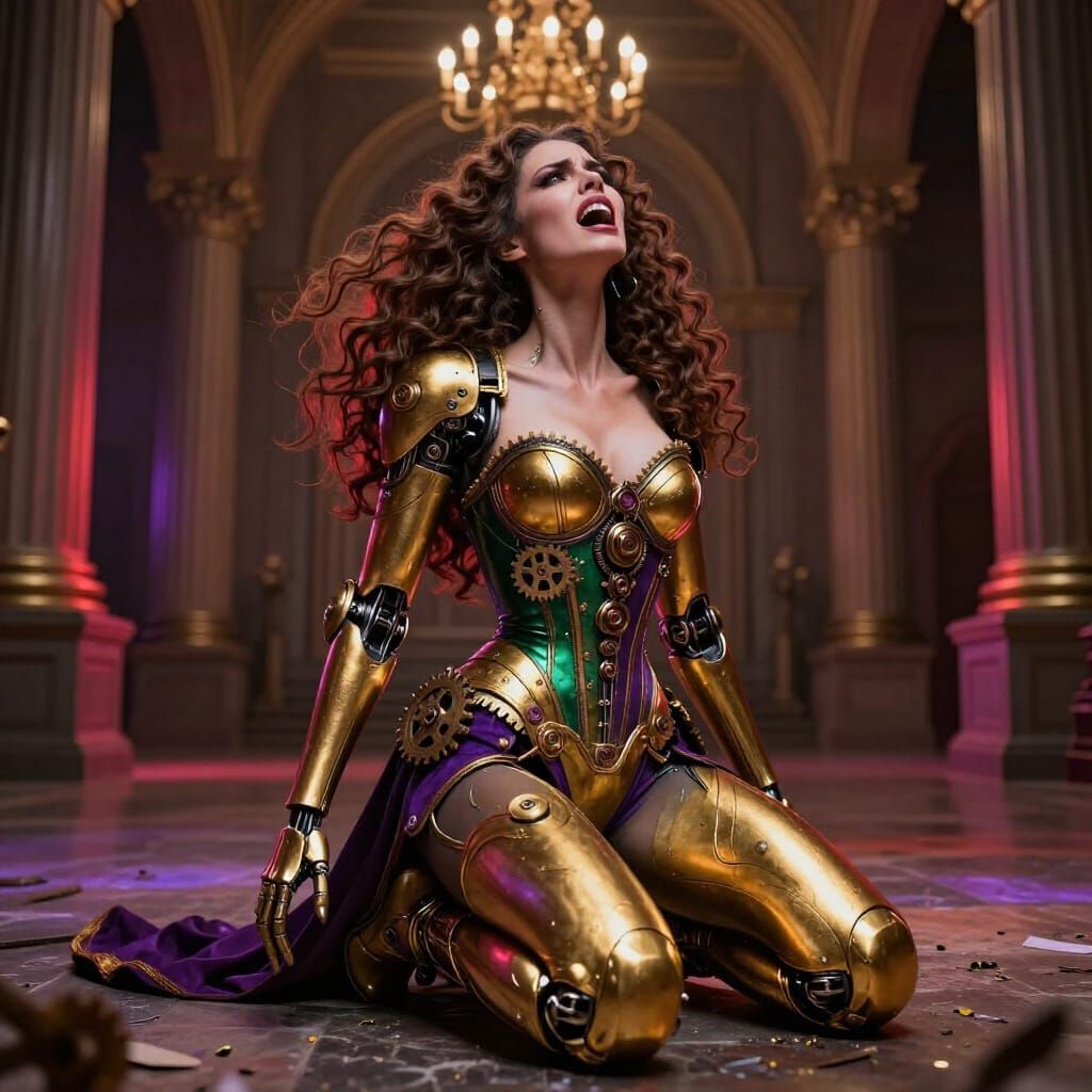 Cyborg Woman in Anguish, Steampunk Fantasy Art