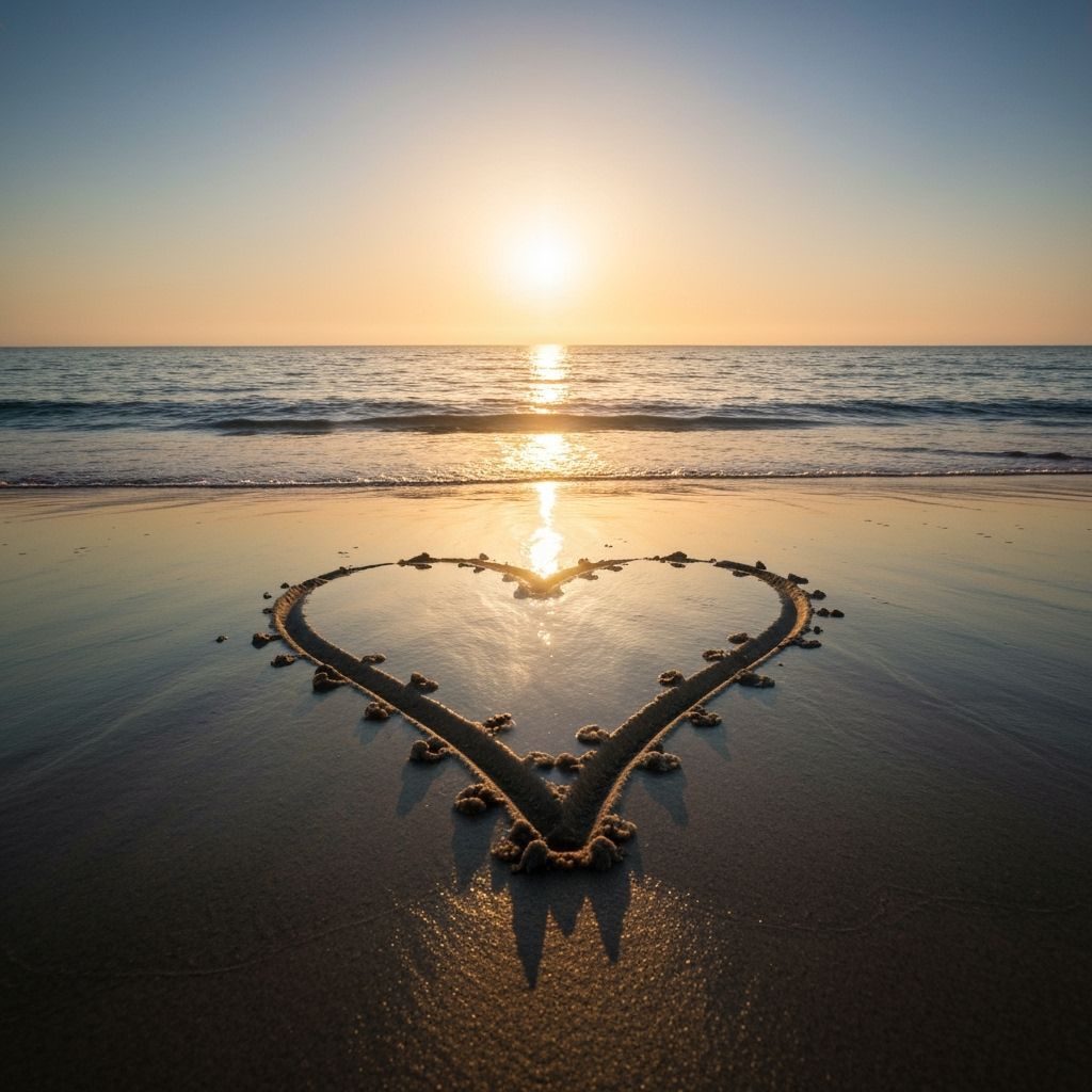 Heart Drawn in Sand Emitting Light Over Ocean