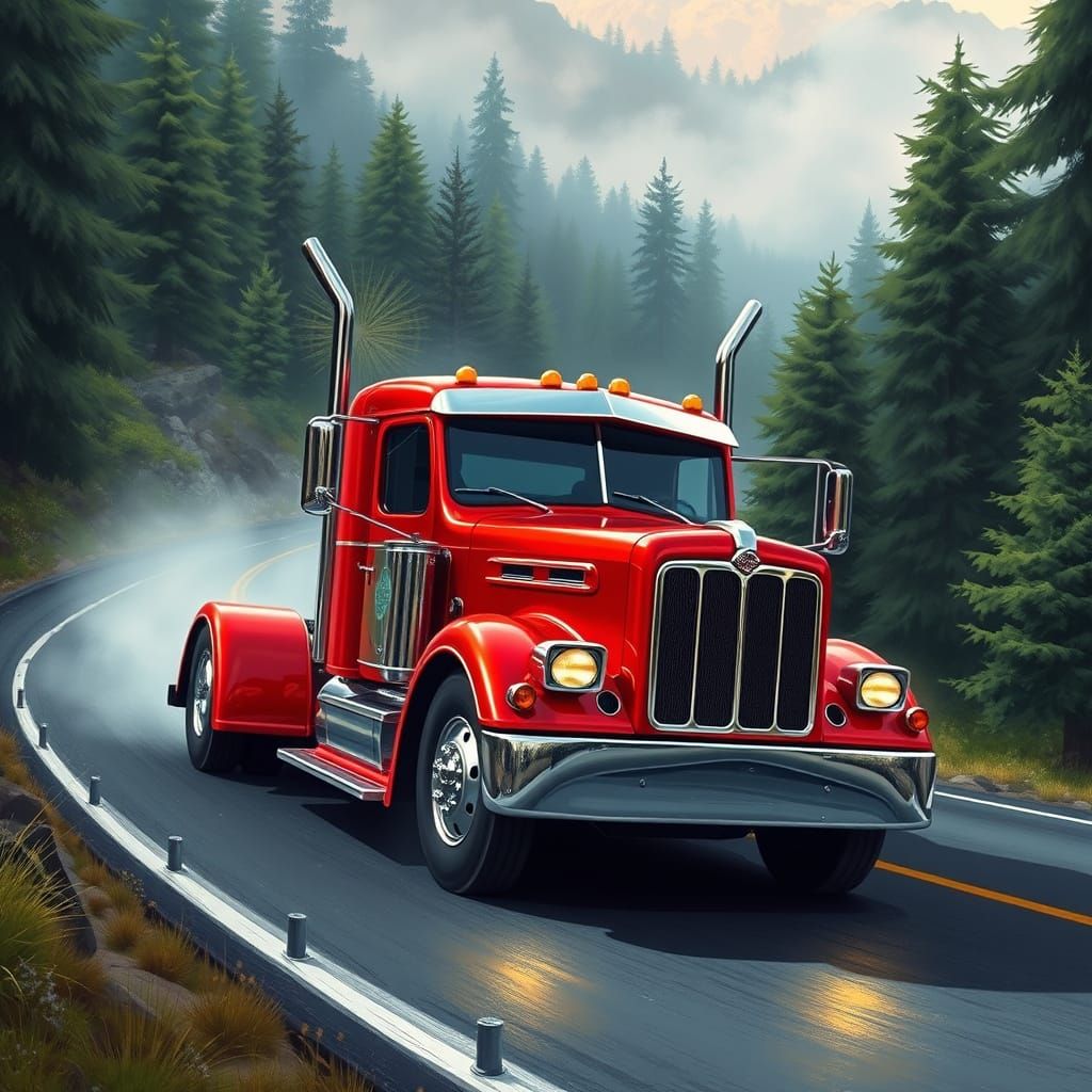 Candy Apple Red Truck Cruises Through Lush Mountain Landscap...