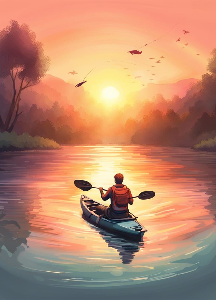 Fisherman in Kayak at Sunset, Retro Fantasy Art