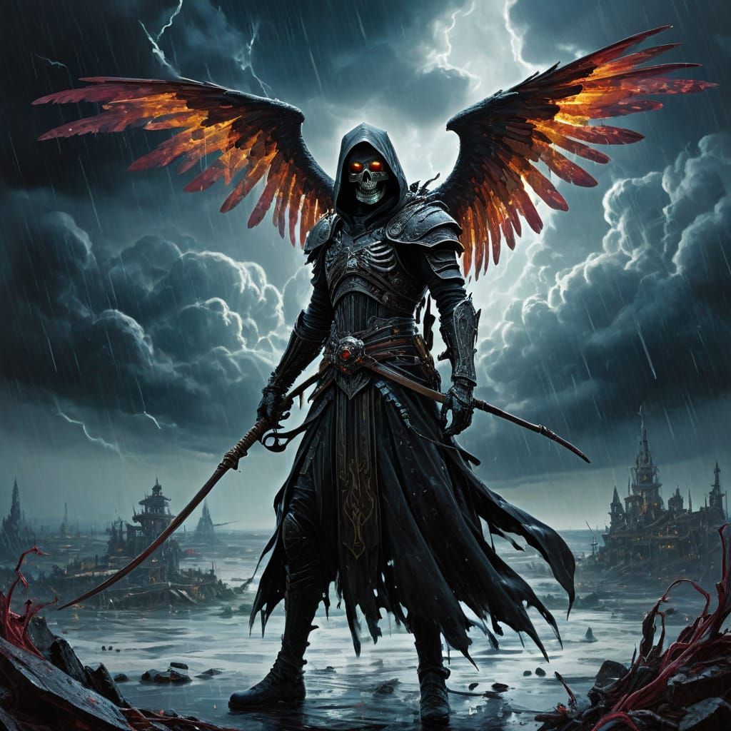 Grimdark Angel of Death Unleashes Fury in Stormy Skies