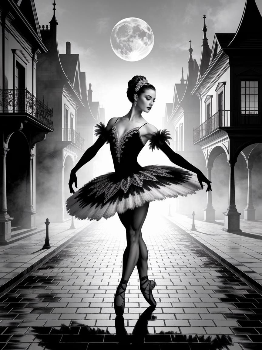 Dark Swan Ballet Dancer in Art Nouveau Style