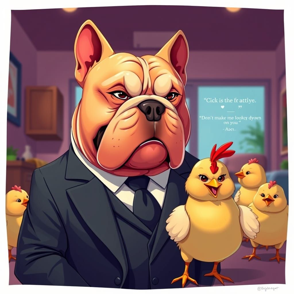 Bulldog in Suit with Chicken, Pop Art Style