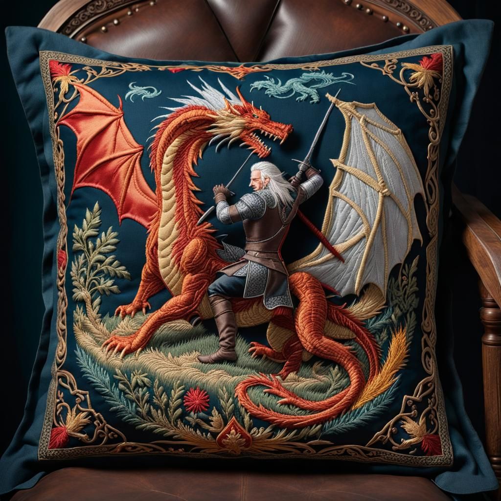Embroidered Witcher Pillow with Dragon Scene