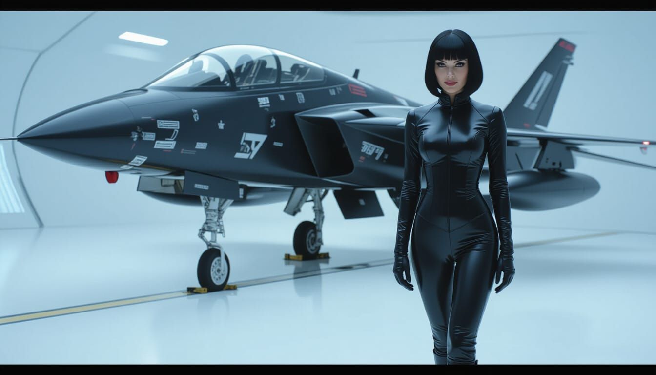 Attractive Woman in Black Catsuit with Futuristic Fighter Je...