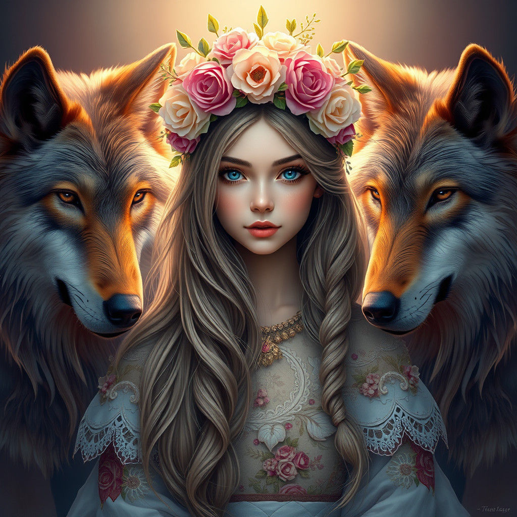 Fantasy Flower Girl with Wolves in Vibrant Triadic Colors