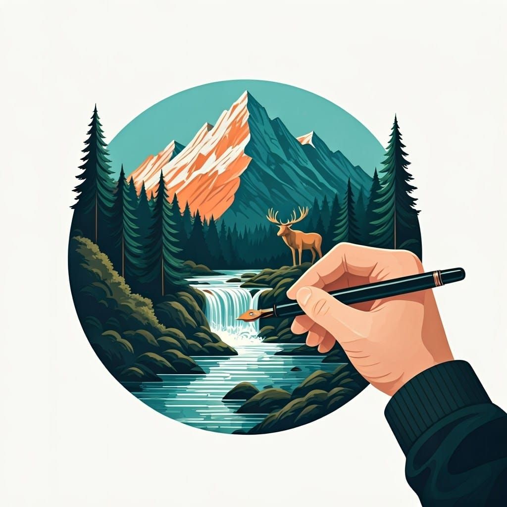 Mountain Landscape Illustration in Screen Print Style