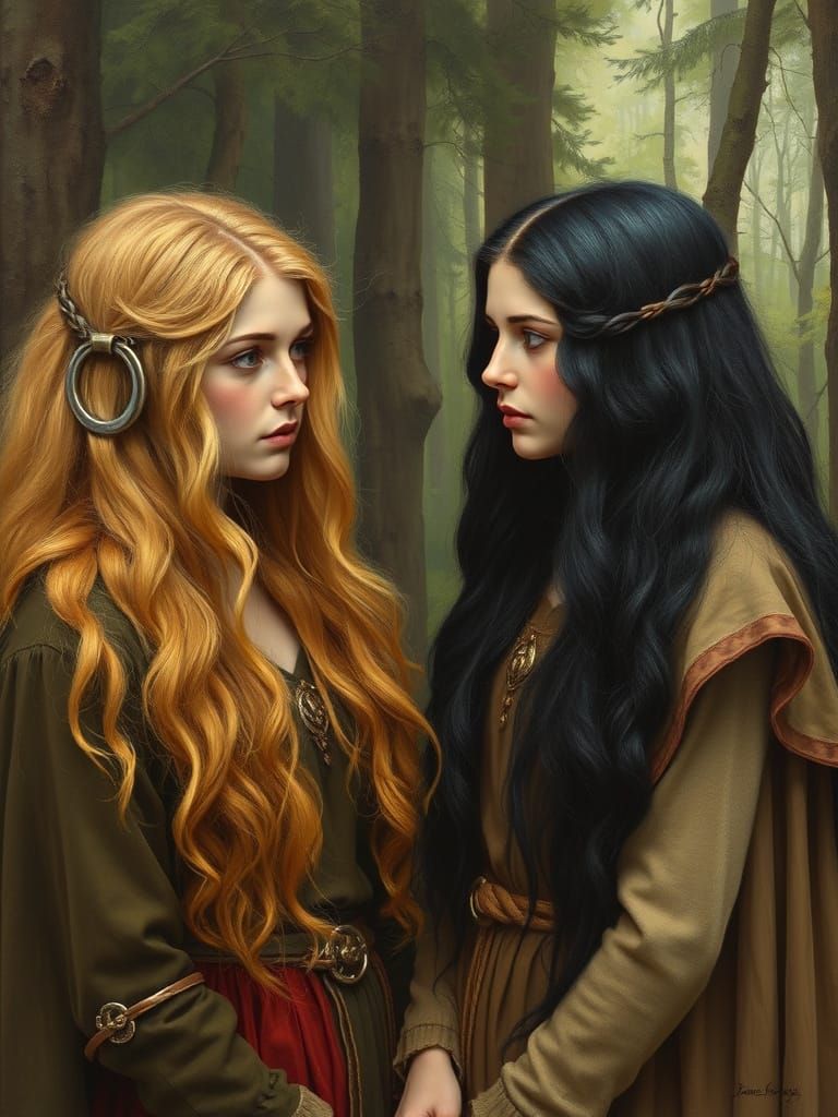 Anglo-Saxon Sisters in Forest Oil Painting