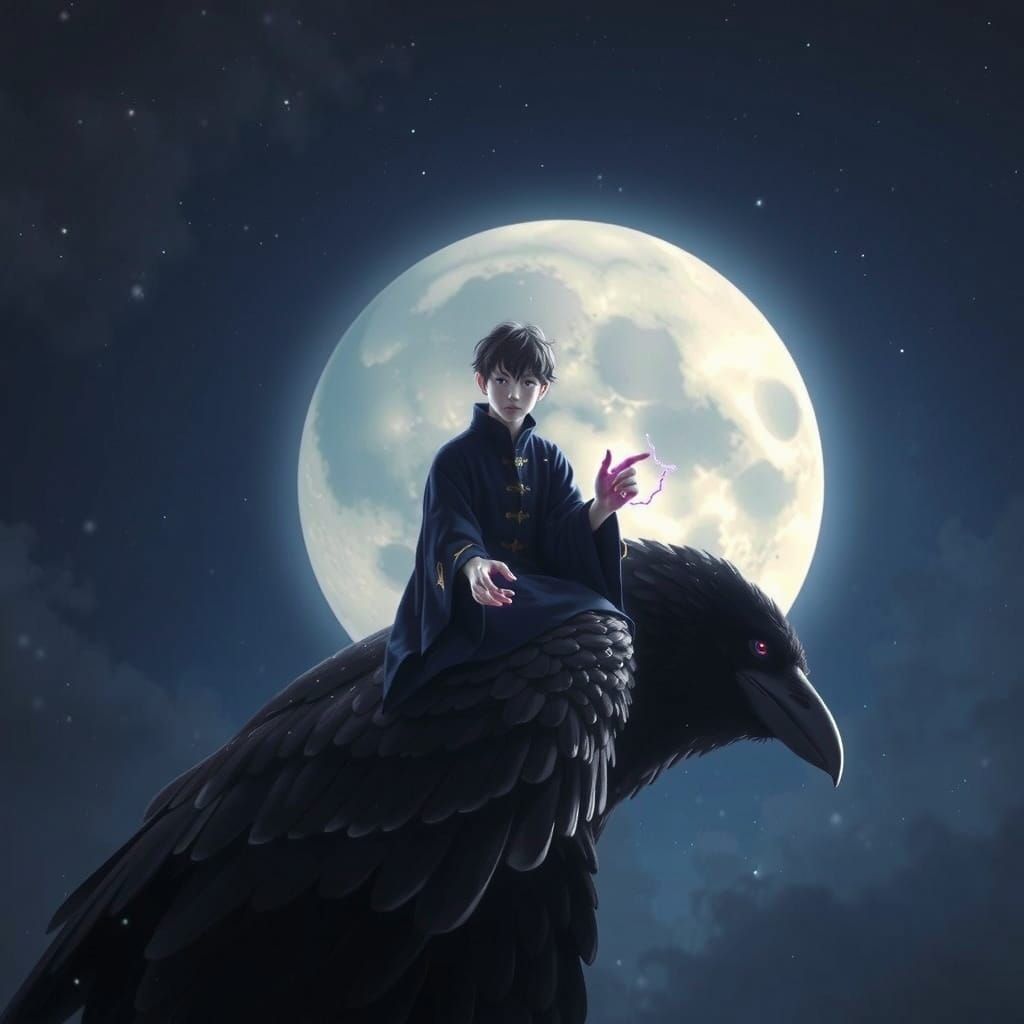 Mysterious Raven Confronts Magician Under Ethereal Moonlight