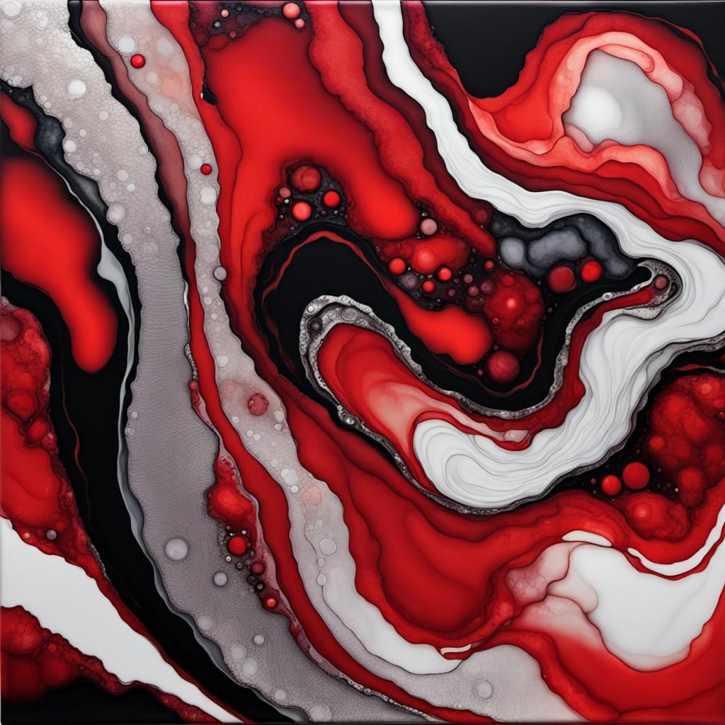Alcohol Ink Abstract Fluid Art in Red, Black and Silver