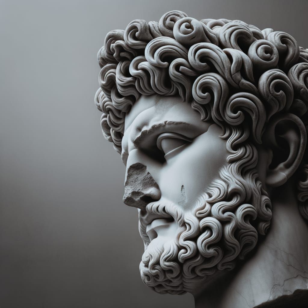 greek sculpture, head of Hadrian, close up, grey background --ar 71:129 --stylize 750 --v 6