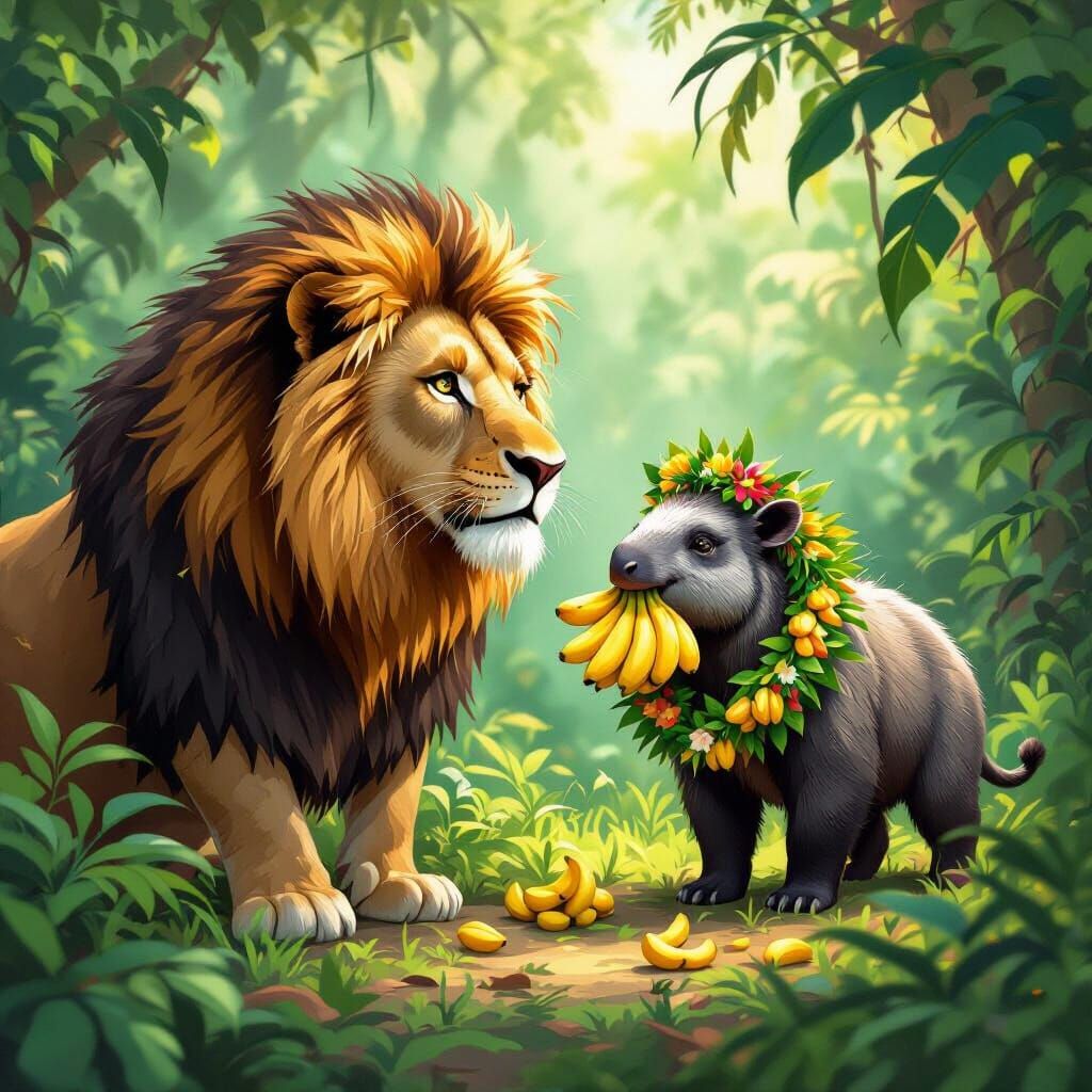 Lion Observes Tapir in Lush Jungle Scene