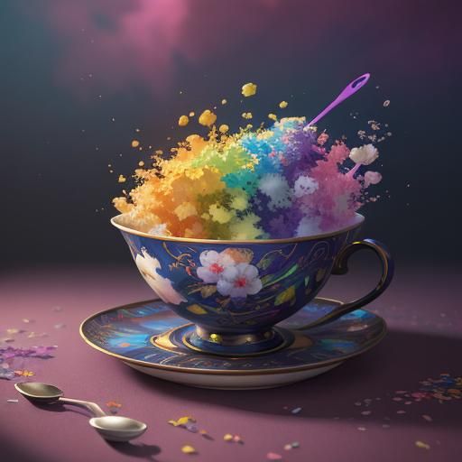 Vibrant Flying Teacups in Fantastical 8K Hyperrealism