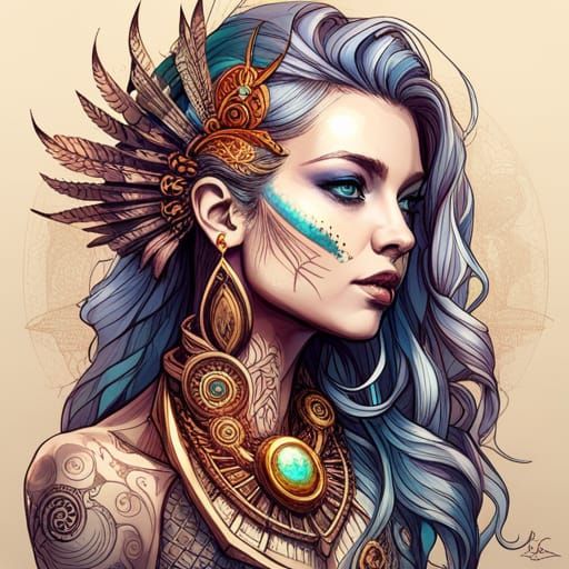Steampunk Cyborg Aztec Princess in Digital Painting