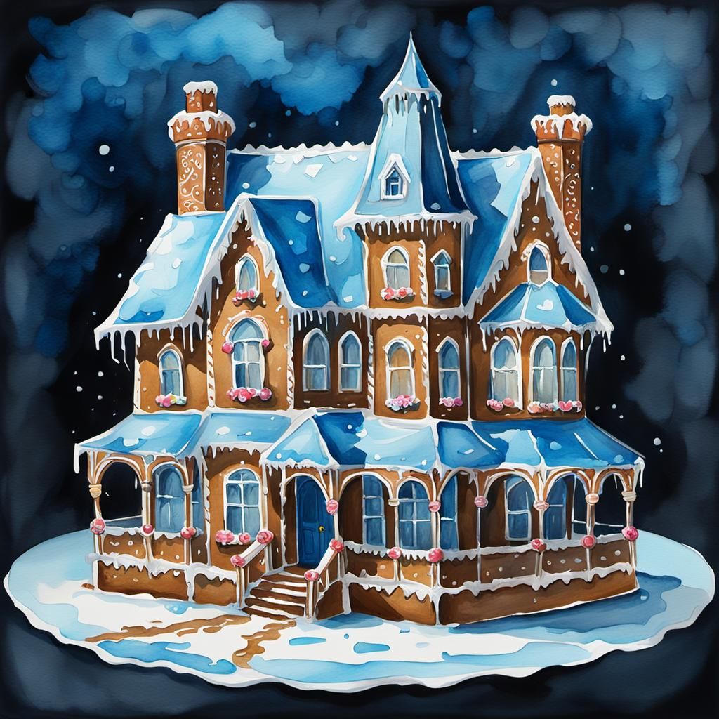 Gothic Gingerbread Mansion in Watercolor Gouache Style