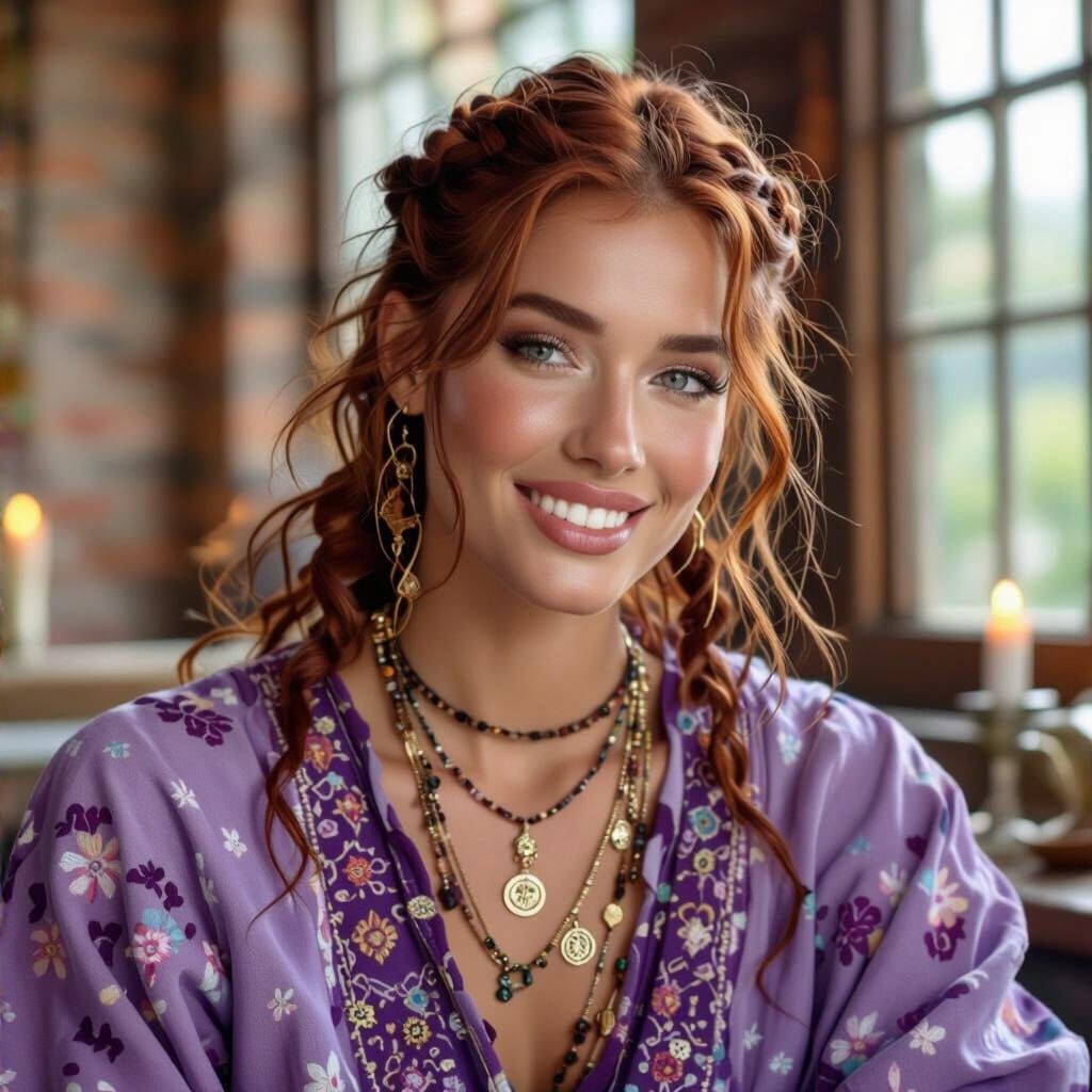 Androgynous Hippy Woman with Red Hair and Crystals
